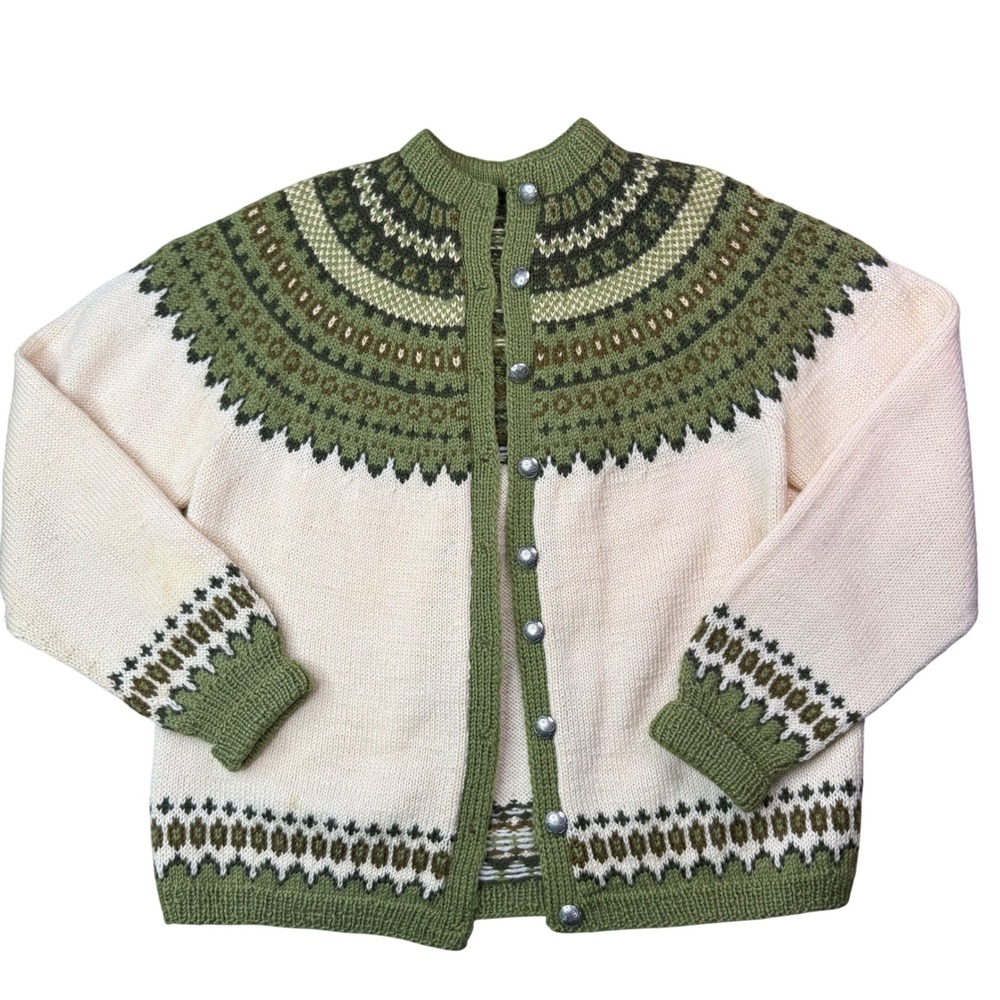 VTG Hand Knit Nordic Fair Isle Sweater Cream Green Wool William Schmidt cottage